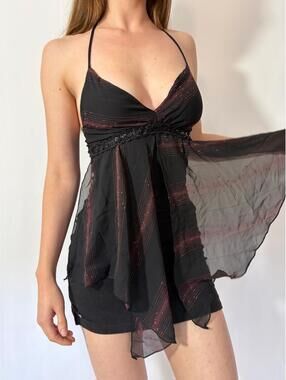 Fairy Goth Black and Red Mesh Handkerchief Hem Y2K Halter Top